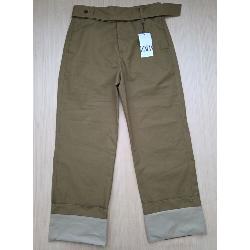 Zara  Woman Collection Medium Belted Twill Wide Leg Pants Women’s Olive Brown - Picture 2 of 11